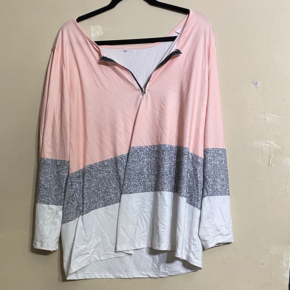 Pink and Gray Colorblock Zip-Up Top